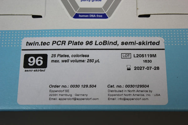 NEW BOX EPPENDORF 250uL 96 WELL SEMI-SKIRTED PCR PLATES 25 PLATES 0030129504
