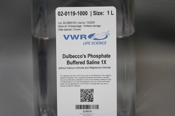 NEW 1L BOTTLE OF VWR DULBECCO'S PHOSPHATE BUFFERED SALINE 1X 02-0119-1000 DPBS