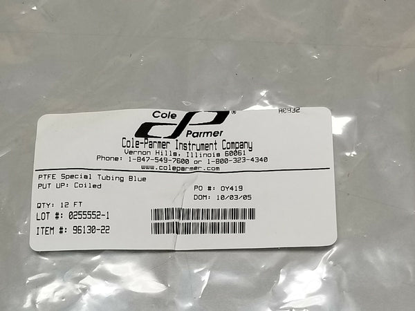 12ft Package Cole Parmer Blue PTFE Teflon® Masterflex Transfer Tubing 96130-22