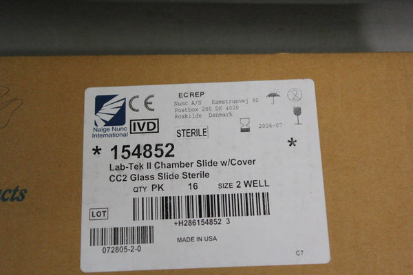 BOX OF 16 NEW NALGE NUNC LAB-TEK II 2 WELL CHAMBER SLIDE W/COVER  154852
