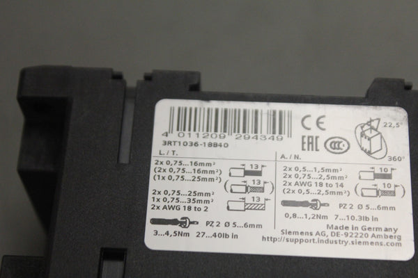 SIEMENS 3RT1036-1BB40 POWER CONTACTOR