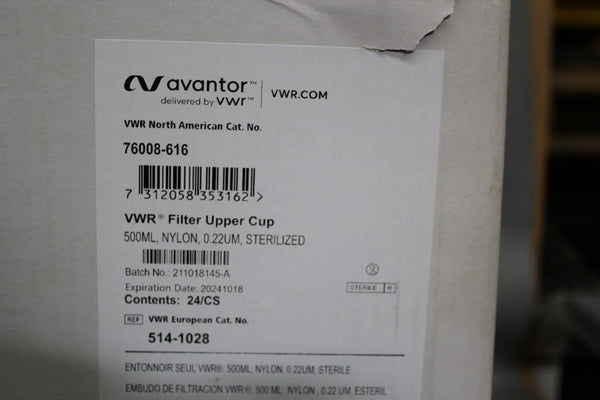 NEW CASE OF 24 VWR AVANTOR 500ml UPPER FILTER CUP NYLON .22um 76008-616