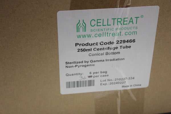 Case of 36 250mL Conical Bottom Centrifuge Tubes; Celltreat 229466