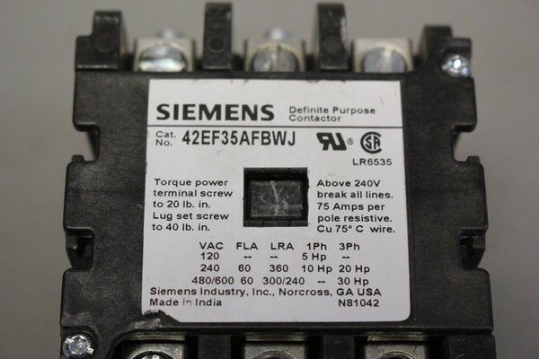 SIEMENS DEFINITE PURPOSE CONTACTOR 42EF35AFBWJ