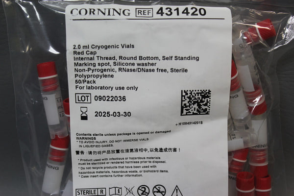 NEW PACK OF 50 CORNING 2.0mL CRYOGENIC VIALS RED CAP 431420