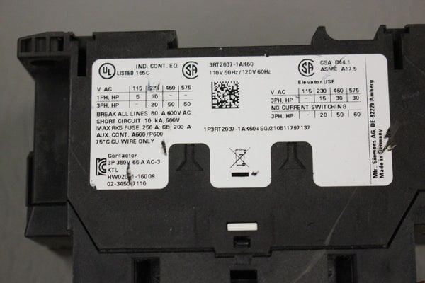 SIEMENS SIRIUS 3RT2037-1AK60 CONTACTOR