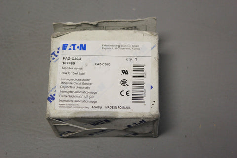 NEW EATON 30A 3 POLE CIRCUIT BREAKER  FAZ-C30/3  167460
