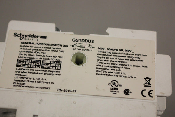 SCHNEIDER ELECTRIC GS1DDU3 SWITCH 30A 600V