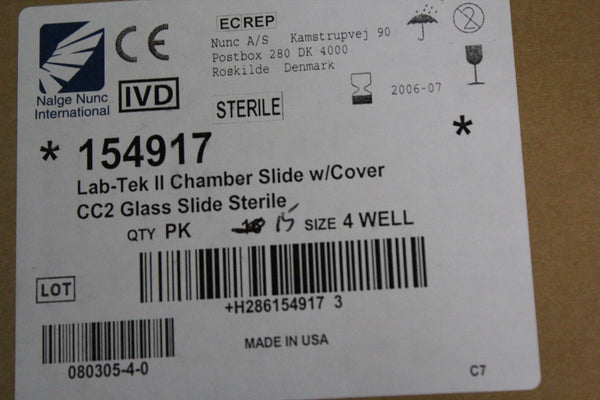 BOX OF 15 NEW NALGE NUNC LAB-TEK II 4 WELL CHAMBER SLIDE W/COVER  154917