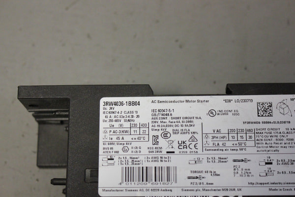 SIEMENS AC SEMICONDUCTOR MOTOR STARTER 3RW4036-1BB04