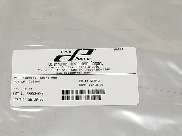 12ft Package Cole Parmer Red PTFE Teflon® Masterflex Transfer Tubing 96130-02