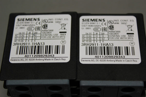 LOT OF 2 UNUSED SIEMENS AUXILIARY CONTACTS BLOCK 3RH2911-1HA13