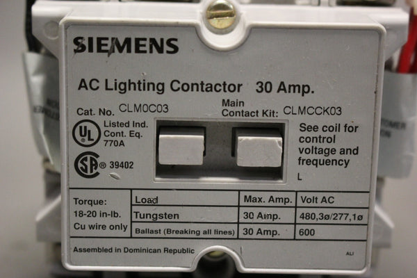 SIEMENS AC LIGHTING CONTACTOR CLM0C03