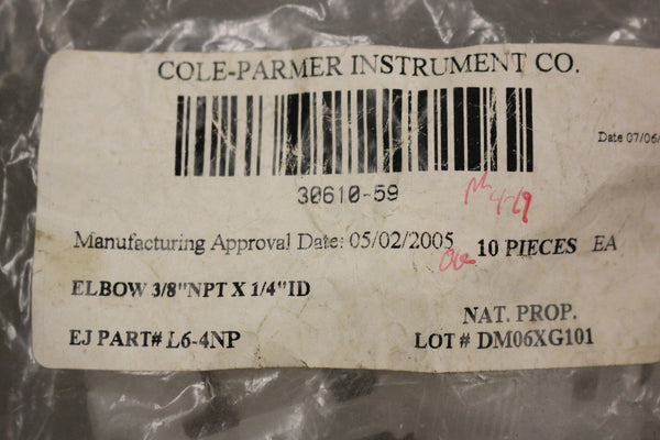 LOT OF 10 COLE PARMER 30610-59 ELBOWS 3/8 NPT X 1/4 ID
