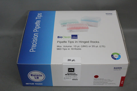 NEW CASE OF 10 RACKS (960 TIPS) RAININ BIOCLEAN ULTRA 20uL PIPETTE TIPS 30389226