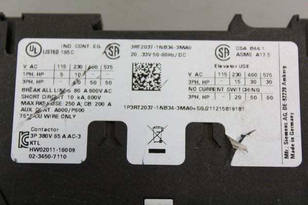 SIEMENS POWER CONTACTOR  3RT2037-1NB34-3MA0