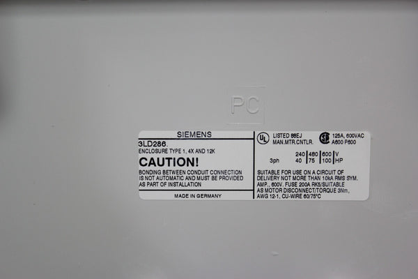 UNUSED SIEMENS MASTER/EMERGENCY STOP SWITCH IN ENCLOSURE 3LD2866-1GP53-0US1