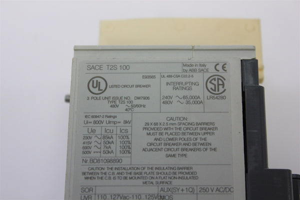 ABB SACE Tmax 3 POLE 480V 30A CIRCUIT BREAKER T2S 100 1SDA053954R1