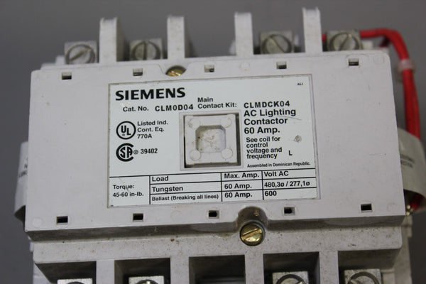 SIEMENS 60A AC LIGHTING CONTACTOR CLM0D04
