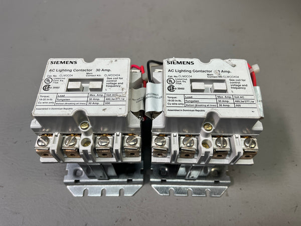 LOT OF 2 SIEMENS 30A AC LIGHTING CONTACTOR CONTACTORS PN:CLM0C04