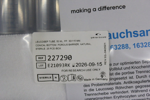 25 NEW GREINER LEUCOSEP 50ML TUBE PP 30/115 MM CONICAL BOTTOM 227290