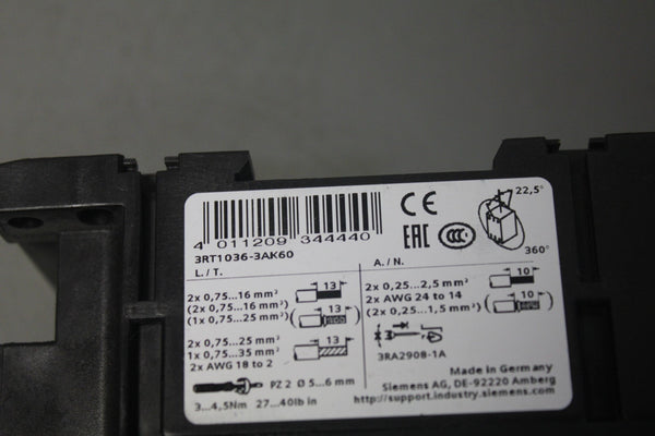 UNUSED SIEMENS POWER CONTACTOR WITH 110/120V COIL 3RT1036-3AK60