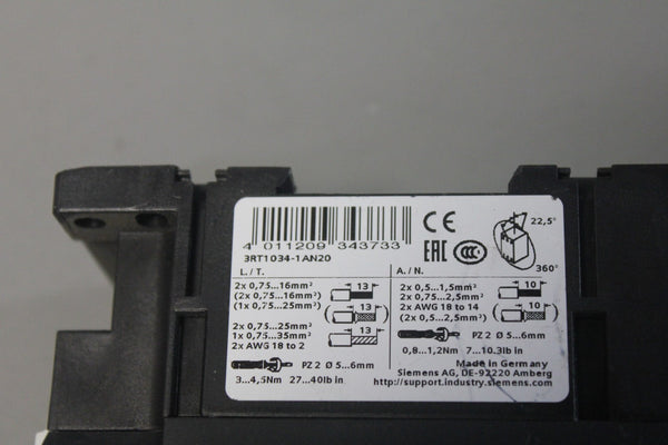 SIEMENS POWER CONTACTOR WITH 220V COIL 3RT1034-1AN20