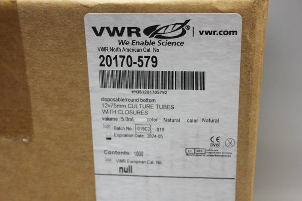 VWR 12 X 75MM CULTURE TUBES W/ CLOSURES 5ML 20170-579 1000QTY