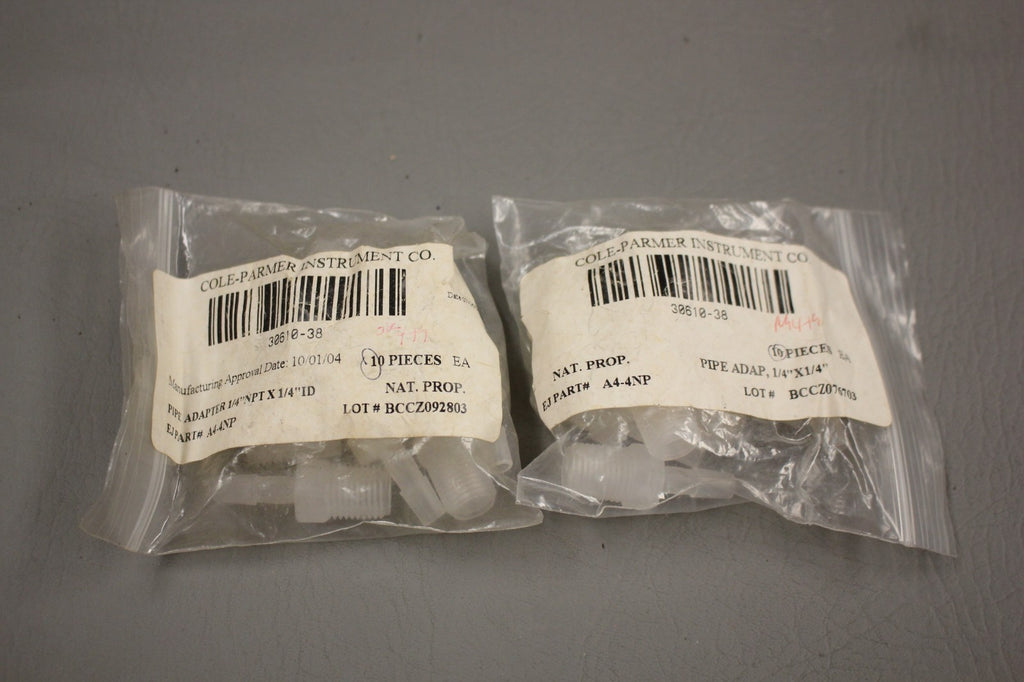 LOT OF 20 NEW COLE PARMER 30610-38 PIPE ADAPTERS 1/4 NPT X 1/4 ID