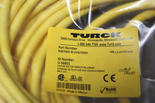 NEW TURCK SENSOR CABLE ASSEMBLY U56801 RSM RKM 36-25M/S3059