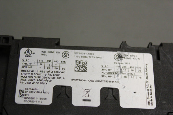 SIEMENS SIRIUS CONTACTOR 3RT2038-1AK60