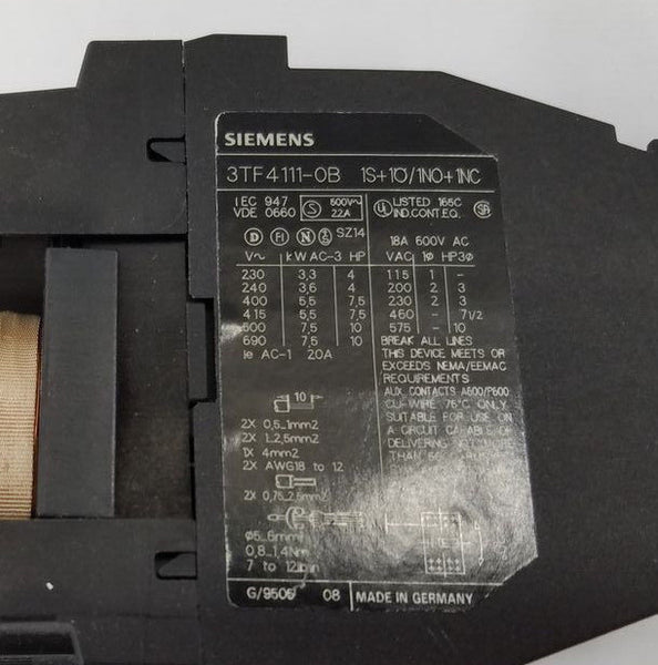 Siemens 3TF4111-0B contactor starter 600v 18a