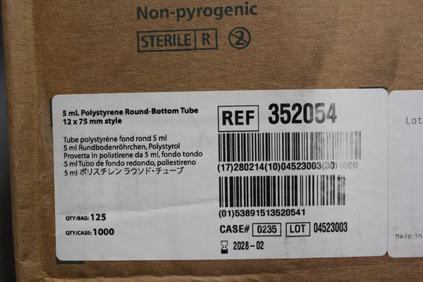 NEW CASE OF 1K FALCON 5mL POLYSTYRENE ROUND BOTTOM TEST TUBE 12X75mm 352054