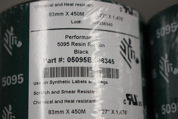 LOT OF 2 NEW ZEBRA PERFORMANCE 5095 BLACK RESIN RIBBONS 05095BK08345 83MM X 450M