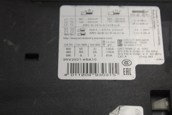 Siemens 3RV2031-4BA10 MOTOR Protection Circuit Breaker