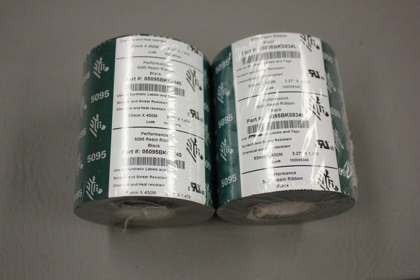LOT OF 2 NEW ZEBRA PERFORMANCE 5095 BLACK RESIN RIBBONS 05095BK08345 83MM X 450M