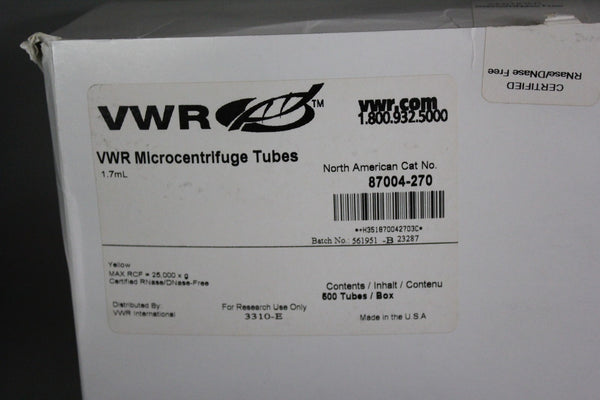 NEW BOX 500 VWR 1.7mL MICROCENTRIFUGE TUBES 87004-270