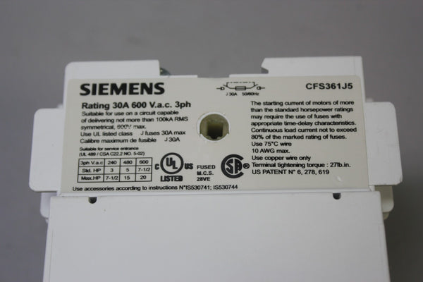 NEW SIEMENS FUSIBLE SWITCH 30A 600 VAC CFS361J5