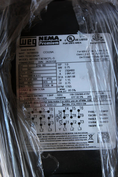UNUSED WEG NEMA PREMIUM 1HP MOTOR  00118ET3E56CFL-S
