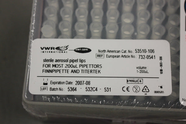 NEW VWR INTERNATIONAL STERILE AEROSOL PIPET TIPS 1-200uL 53510-106