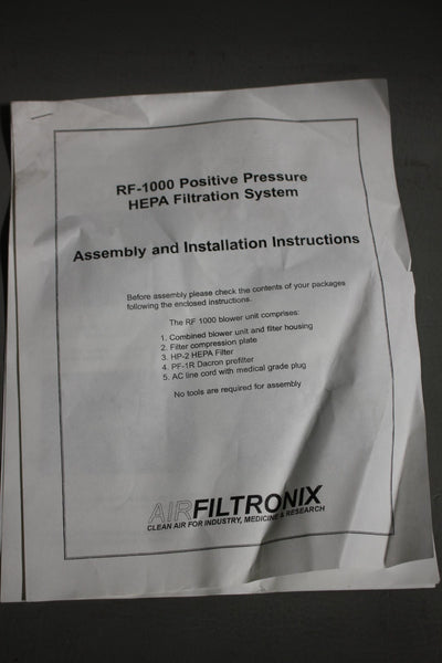 New AIRFILTRONIX POSITIVE PRESSURE CLEAN ROOM BLOWER SYSTEM  RF1000