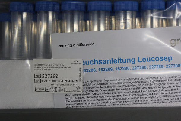 25 NEW GREINER LEUCOSEP 50ML TUBE PP 30/115 MM CONICAL BOTTOM 227290