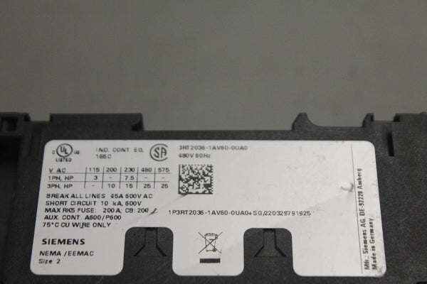 SIEMENS 3RT2036-1AV60-0UA0 POWER CONTACTOR