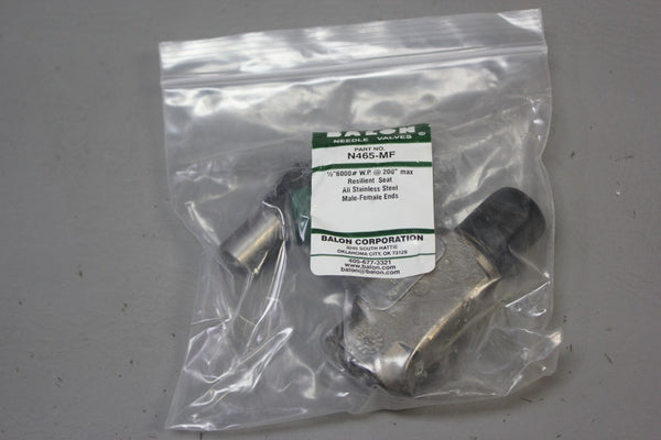 NEW BALON 1/2" 6000# W.P. STAINLESS STEEL NEEDLE VALVE N465-MF