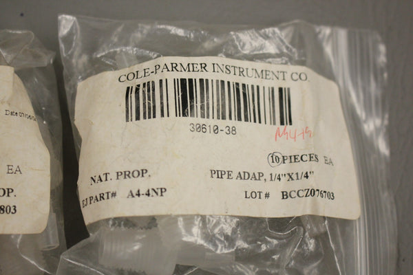 LOT OF 20 NEW COLE PARMER 30610-38 PIPE ADAPTERS 1/4 NPT X 1/4 ID