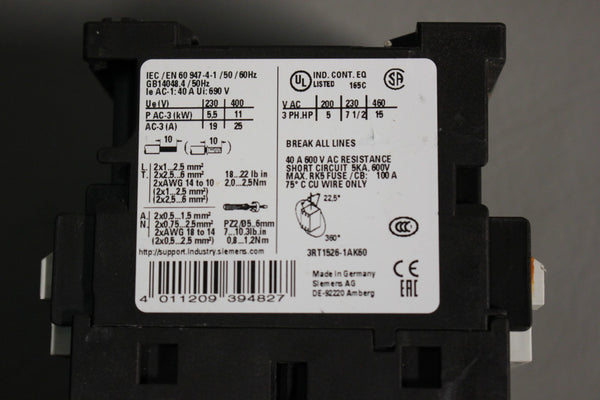 UNUSED SIEMENS AC-3 CONTACTOR 400V 3RT1526-1AK60