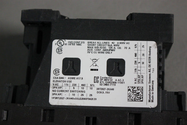 UNUSED SIEMENS POWER CONTACTOR 3RT2027-2KA40