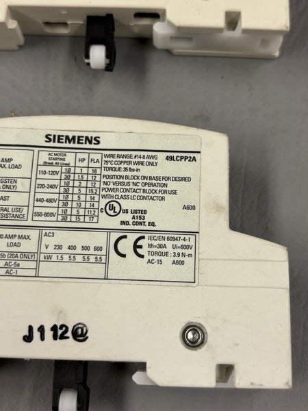2 Siemens 49LCPP2A 2-Pole Class LC Light Contactor Power Pole