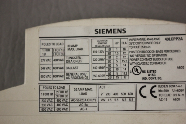SIEMENS LIGHTING CONTACTOR 49LCPP2A