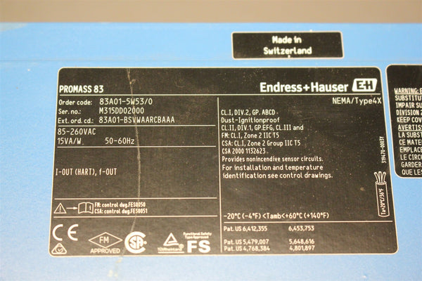 ENDRESS HAUSER PROMASS 83 FLOWMETER CONTROLLER 83A01-5W53/0